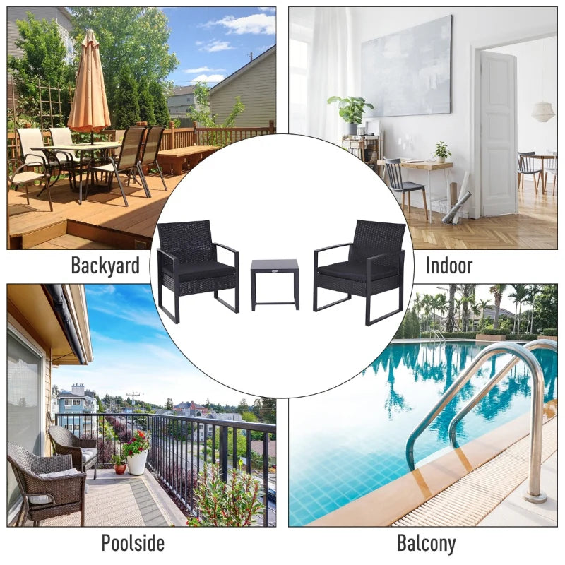 Ricardo 3pc Rattan Wicker Chair and Table Set - Black