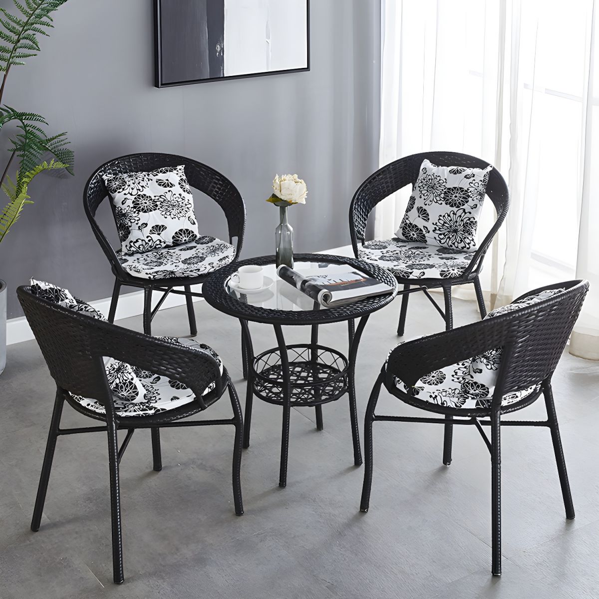 Glass Dining Table Set with Armless Rattan Chair for Courtyard - Table & Chair(s) 3