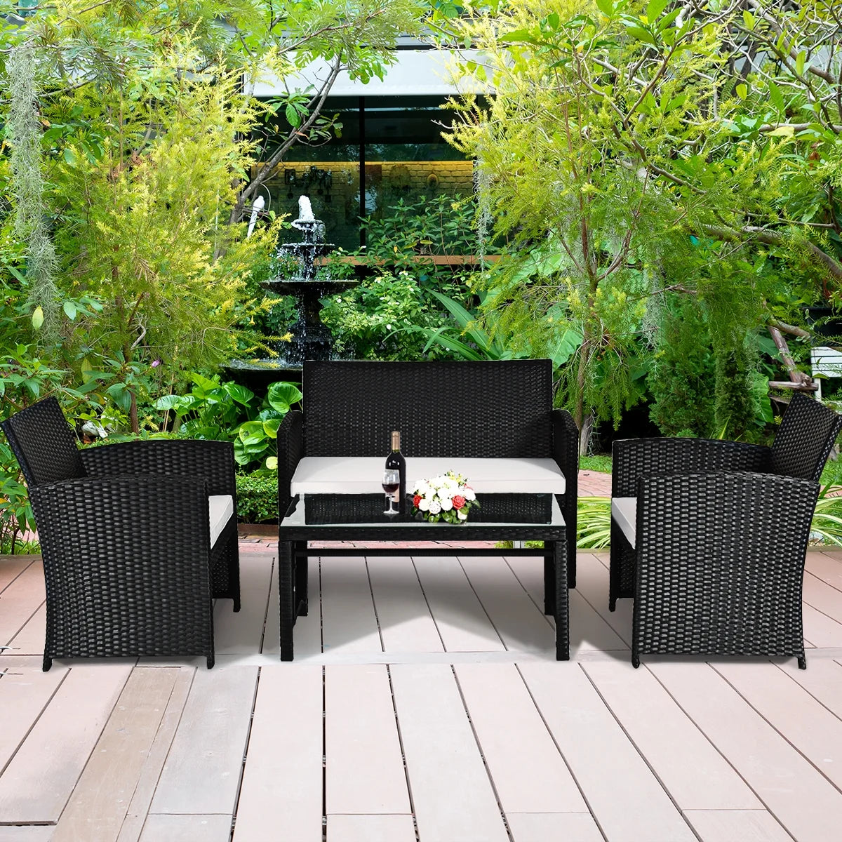4-Pieces Rattan Wicker Patio Furniture Set with White Cushions and Tempered Glass Tabletop