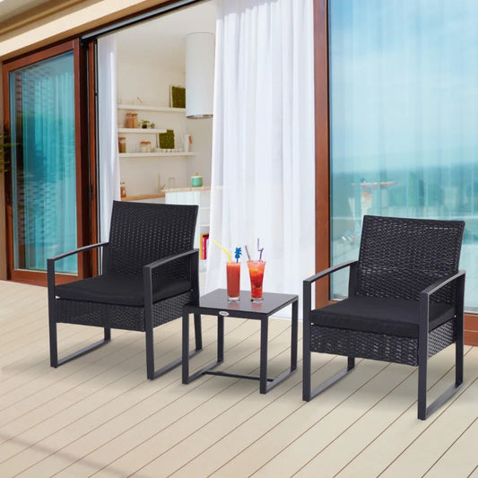 Ricardo 3pc Rattan Wicker Chair and Table Set - Black