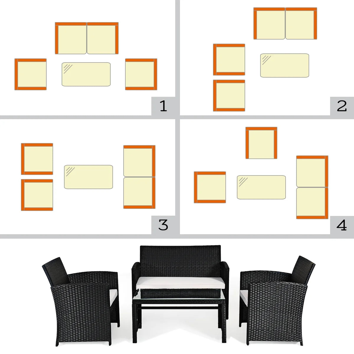 4-Pieces Rattan Wicker Patio Furniture Set with White Cushions and Tempered Glass Tabletop