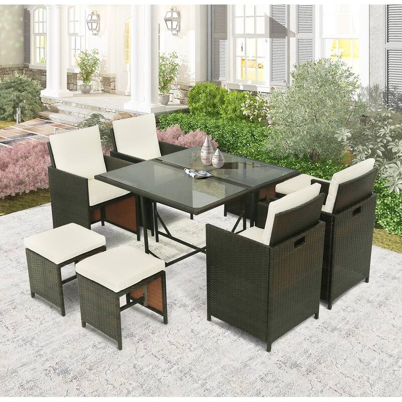 9-PCS Outdoor Rattan Wicker Patio Dining Table Set