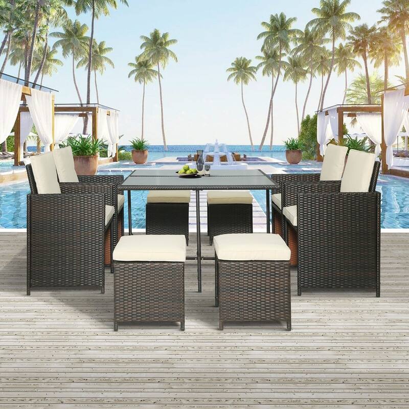 9-PCS Outdoor Rattan Wicker Patio Dining Table Set