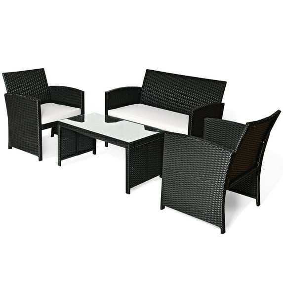 4-Pieces Rattan Wicker Patio Furniture Set with White Cushions and Tempered Glass Tabletop