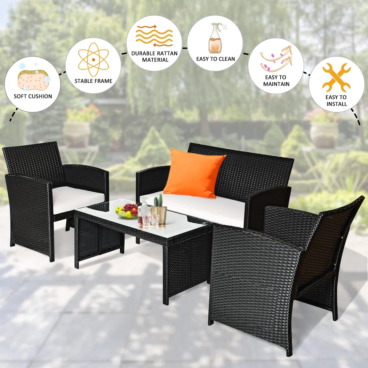 4-Pieces Rattan Wicker Patio Furniture Set with White Cushions and Tempered Glass Tabletop