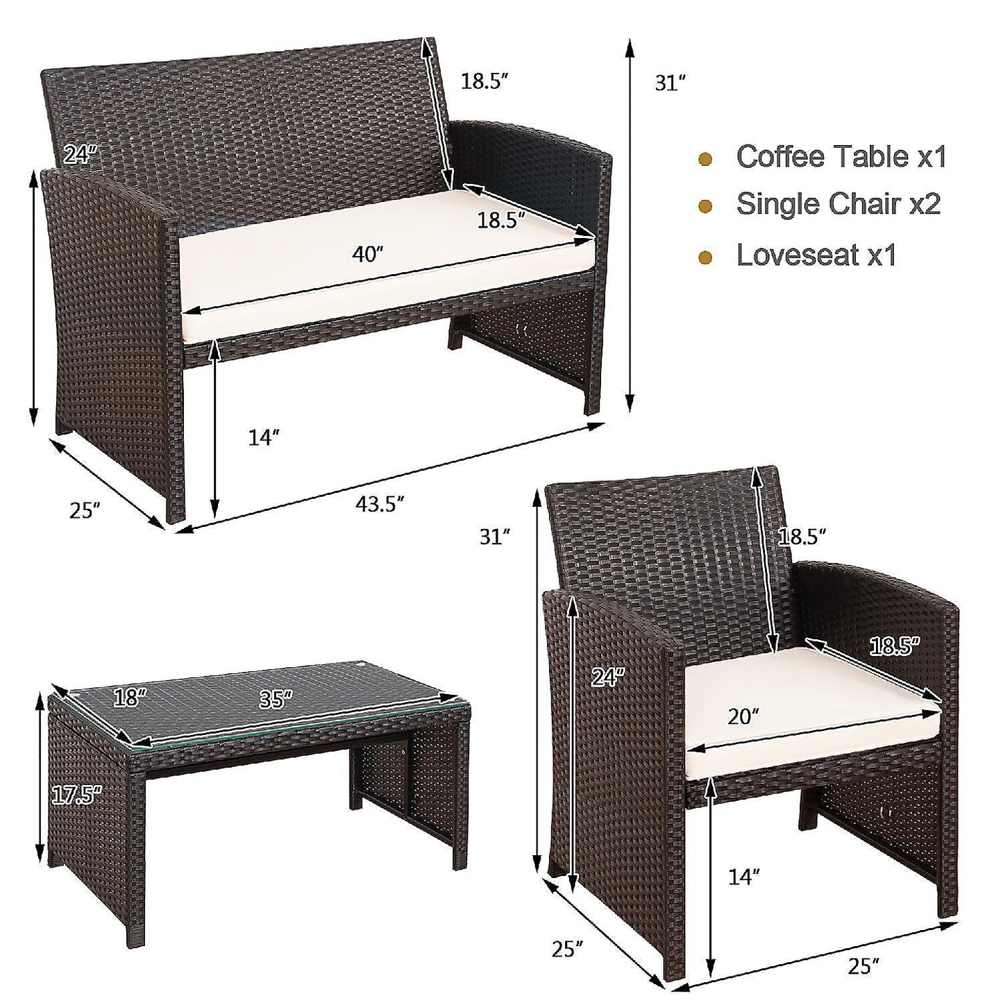 4-Pieces Rattan Wicker Patio Furniture Set with White Cushions and Tempered Glass Tabletop