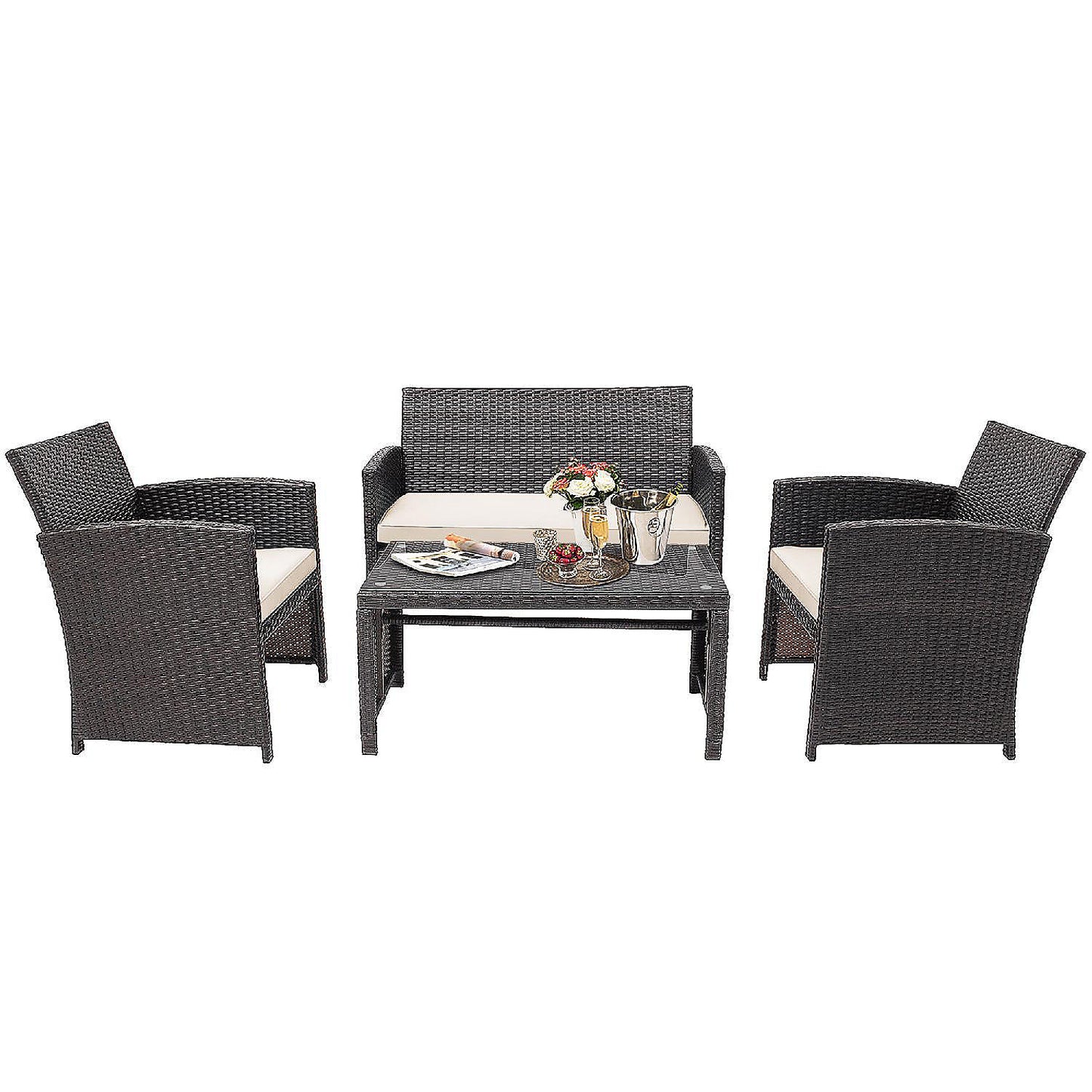 4-Pieces Rattan Wicker Patio Furniture Set with White Cushions and Tempered Glass Tabletop