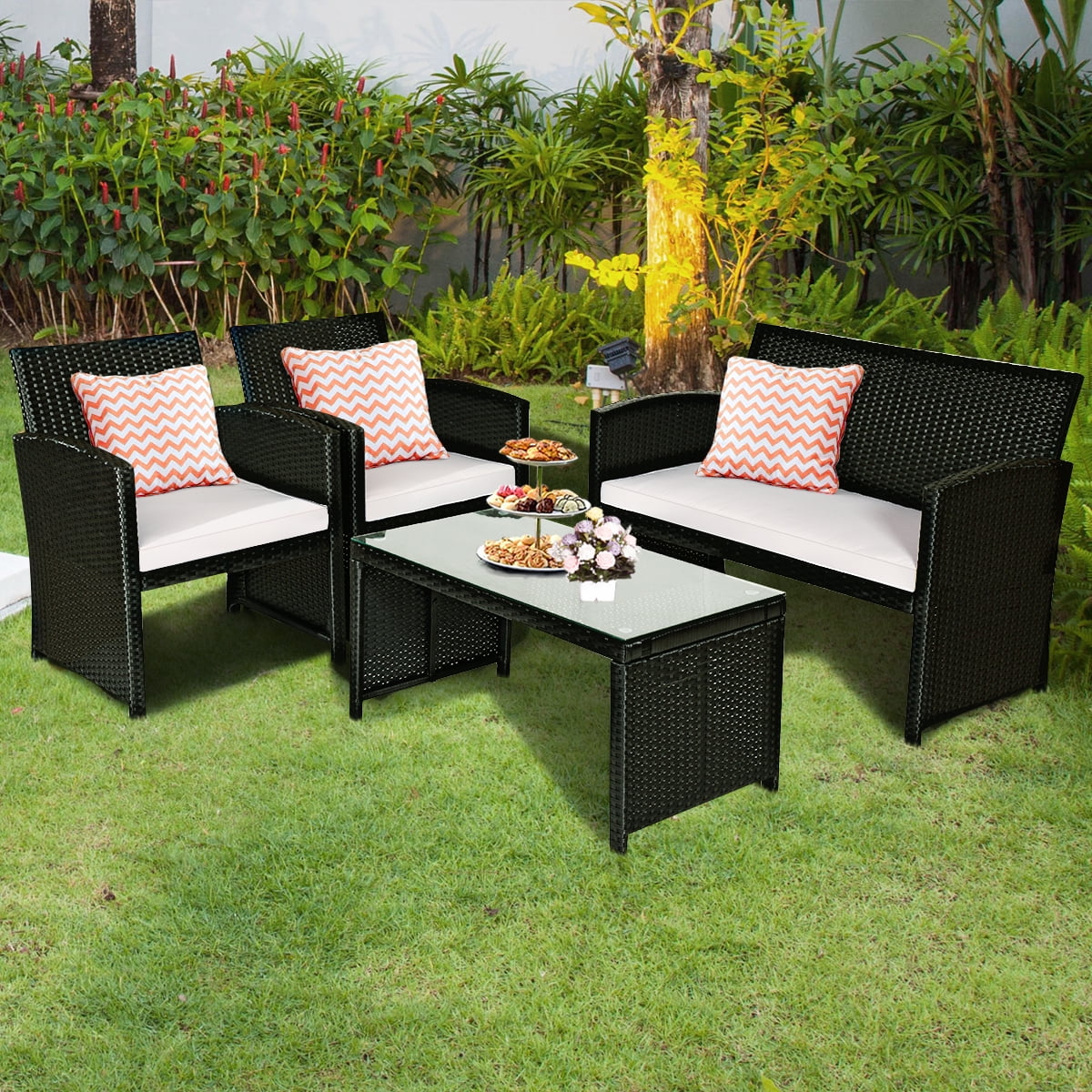 4-Pieces Rattan Wicker Patio Furniture Set with White Cushions and Tempered Glass Tabletop